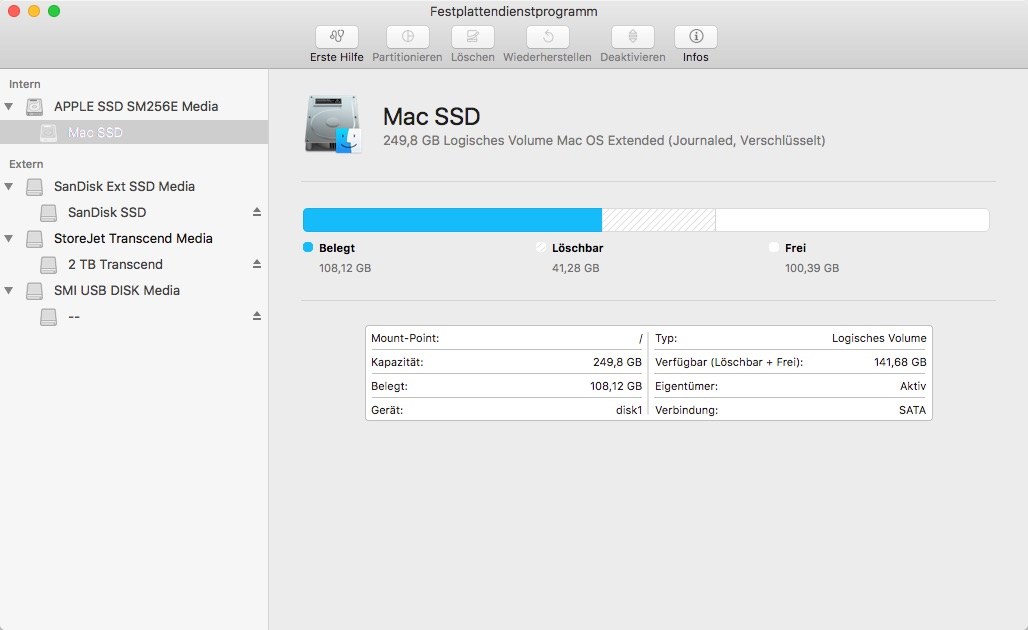 Festplattendienstprogramm in macOS mit internen und externen Laufwerken in der Seitenleiste