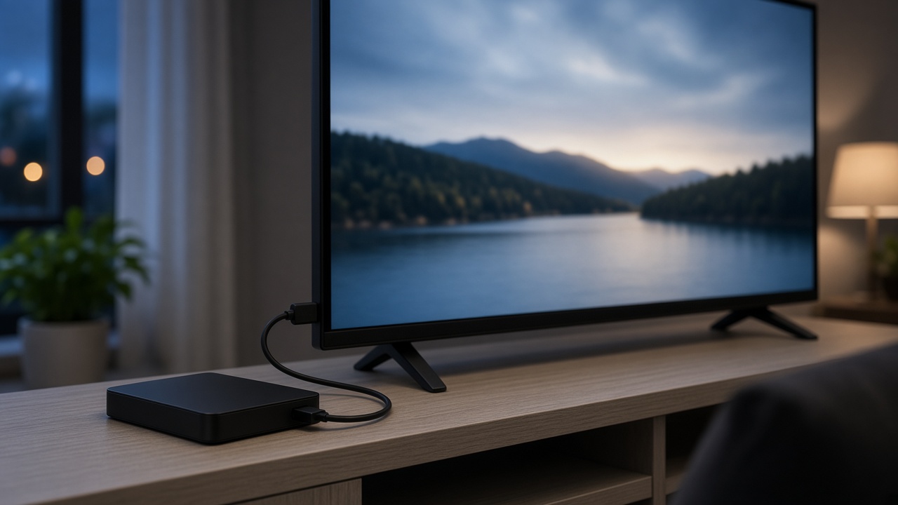 Fernseher im Wohnzimmer mit angeschlossener externer Festplatte